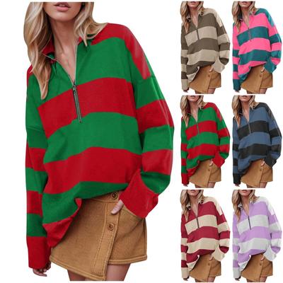 Sweter Damski Oversize z Długim Rękawem Casual Pasiasty Jesienny Półzamek Dekolt V Blok Kolorów Pulower Bluzy Topy