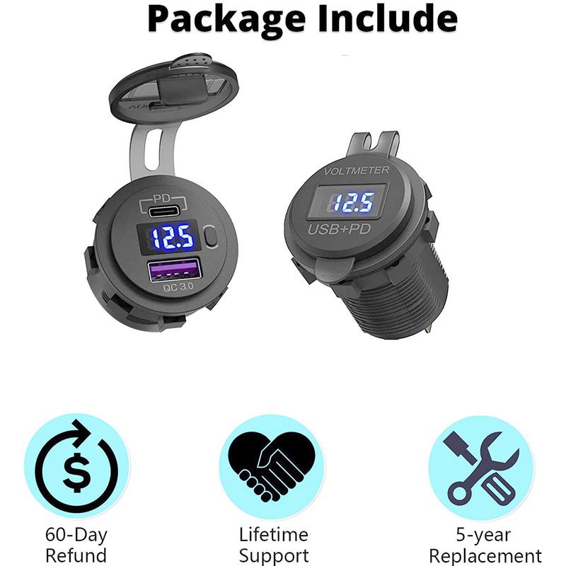 Car Phone Charger Fast Power Charging Block QC3.0 Type-C PD Dual Port Adapter With Digital Display Voltmeter Phone Car Charger