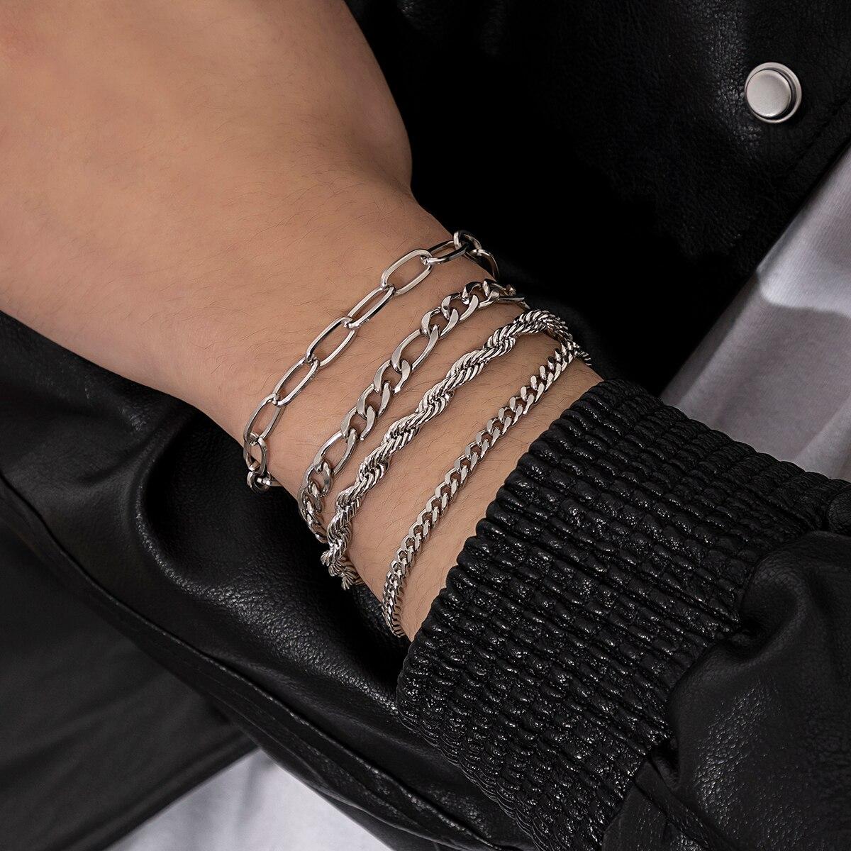 

4Pcs/Set Vintage Silver Color Twisted NK Chain Bracelets for Men Goth Cuban Adjustable Link Charm Bangles Couple Hand Jewelry