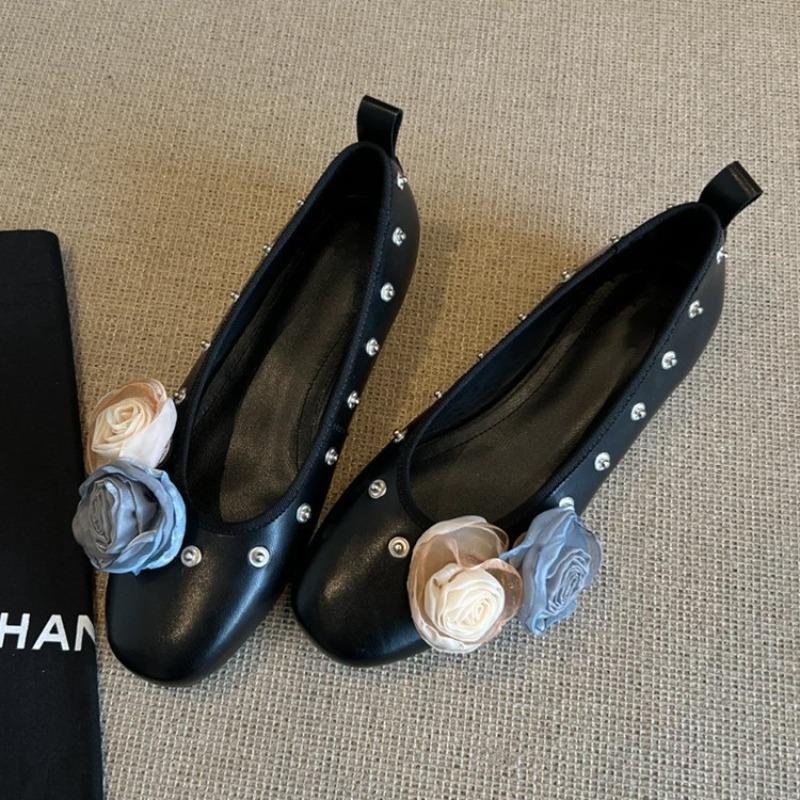 Modische Ballerinas für Damen 2025 Neu Frühling Herbst Blume Leder Runde Zehennieten Bequem Flacher Ausschnitt Flache Damenschuhe für Damen