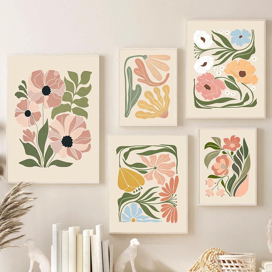 Abstrakter Blumenmarkt Pfingstrose Gänseblümchen Blätter Wandkunst Leinwand Malerei Vintage Poster und Drucke Bild für Wohnzimmer Heimdekor