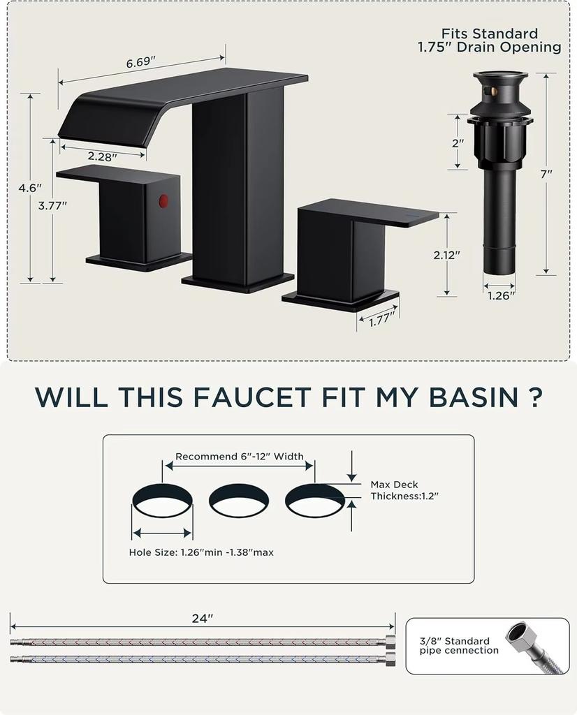 Bathroom Waterfall 3 Holes Basin Faucet, 2 Handles Cold Hot Water Mixers Sink Taps Black Chrome Brushed Gold