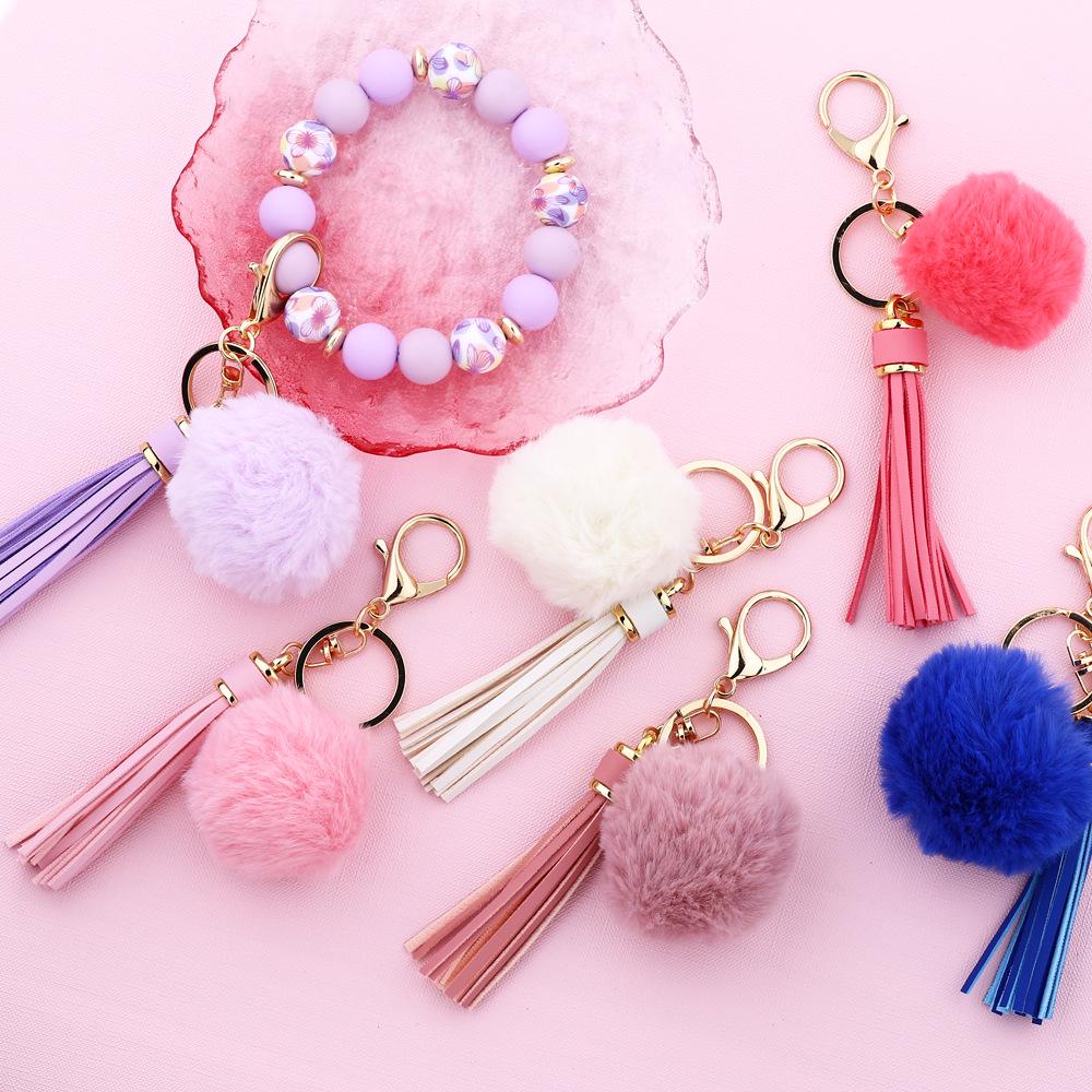 Silicone Bead Bracelet with Pom-Pom Keychain & Tassel Pendant - 2024 Women's Style