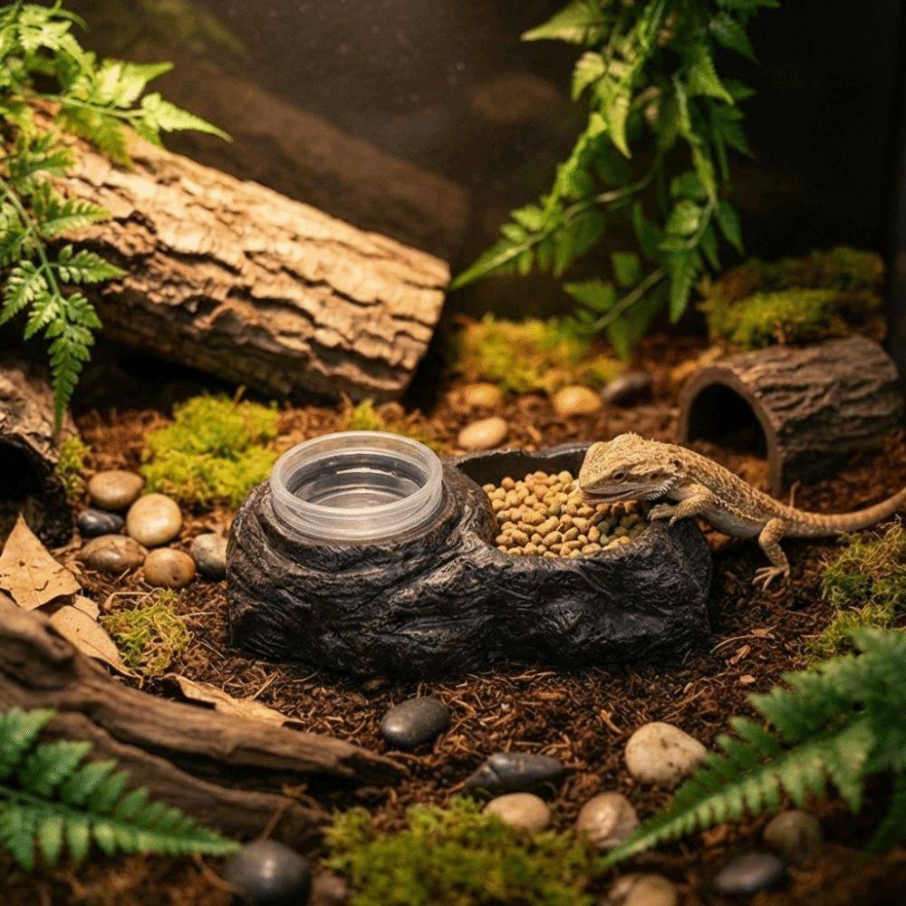 Imitation Stone Resin Rock Feeder Dish Anti-knock with Bowls Reptile Food Bowl Prevents Spills Wide Mouth Amphibians Water Bowl