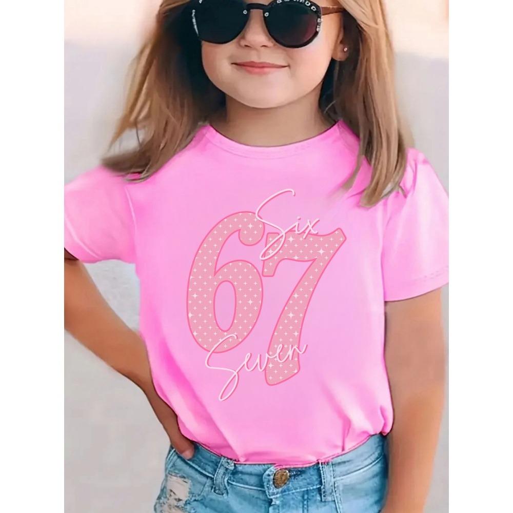Tricou Fete cu Imprimeu Număr 67 Mânecă Scurtă Gât Rotund Top Casual Tricouri Vară Confortabil Modă Îmbrăcăminte Copii