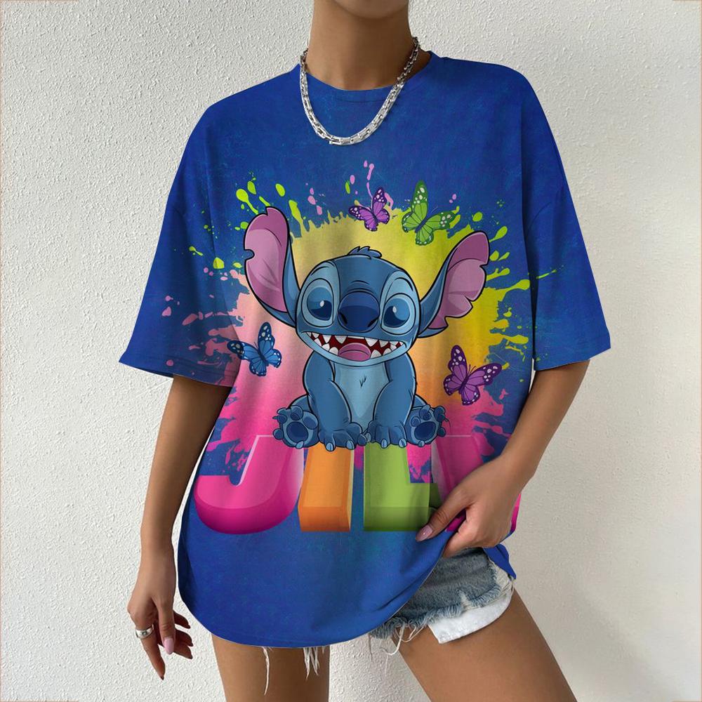 Kawaii Women's T-shirt Disney Lilo&Stitch Casual Y2k T-shirt Round Neck Short Sleeved T-shirt 2025 Summer Women's Clothing