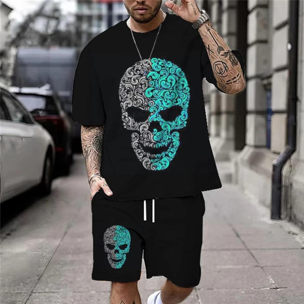 Summer New Casual Men's Skull Print T-Shirt Set Fashion Streetwear Tees Loose Oversized Breathable Soft Short Sleeves And Shorts