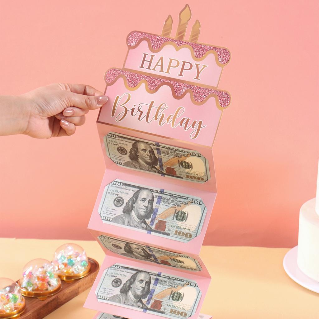 1pc Birthday Cash Gift Envelope Pink Cake Design Folded Money Holder Card for Girls Birthday Party Cash Packaging Supplies