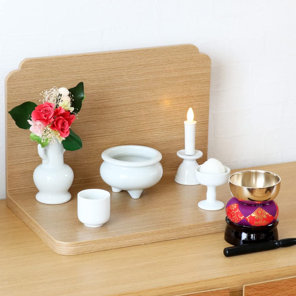 Buddhist Altar Set, Plain White Porcelain, 5 Pieces + Bell Set, Incense Burner Ash Included, for 49th Day Memorial Service, Altar Decoration