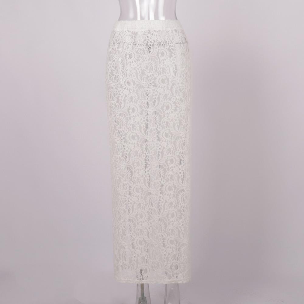 Women s Elastic Waist Lace Midi Skirt Relaxed Fit Hollow Floral Jacquard Split Pencil Skirt S белый