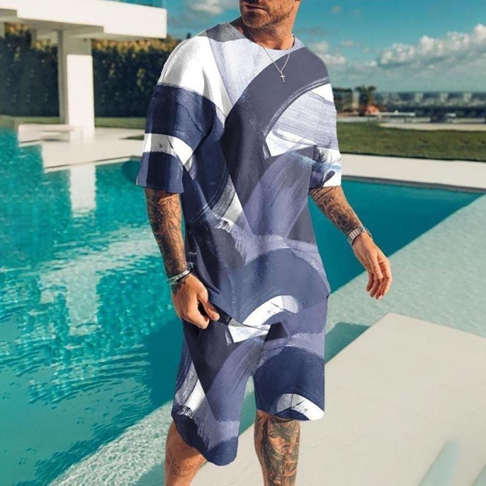 Men's Casual Sports Set Short Sleeve and Shorts Two-Piece Fashion Geometric Pattern Summer Daily Wear Comfortable Breathable