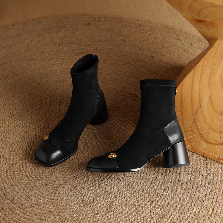 French retro splicing elastic thin boots women's autumn and winter new camellia round head thick heel short boots high heel Martin boots