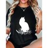 Übergroßes T-Shirt Schwarze Katze und Blumen Druck Freizeitkleidung für Damen Sommer Outfit Streetwear Mode Top