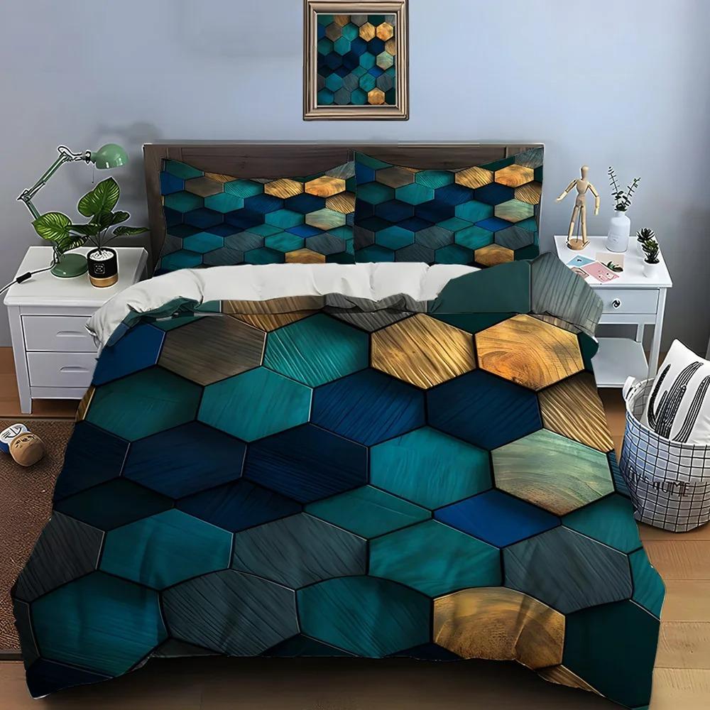 3D Honeycomb Square Gradient Color Print Bedding Set Duvet Cover 1 Duvet Cover 2 Pillowcases Adult and Boys Bedding Set Luxury
