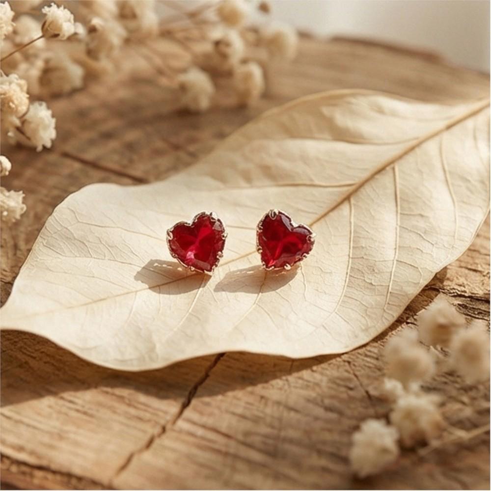 Trendy Silver Stud Earrings For Women Female Red Heart Shape CZ Gold Earings Fashion Ear Jewelry Accessories Gifts