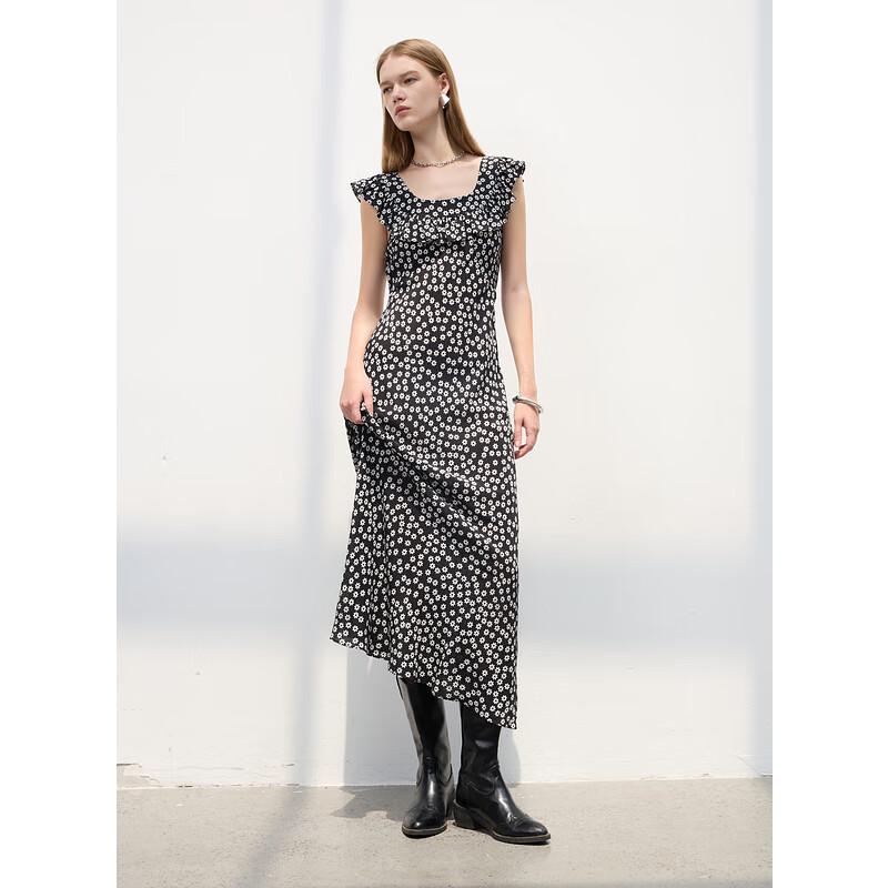 

Sancai 2025 Summer Daisy Floral Mulberry Silk A-line Dress S