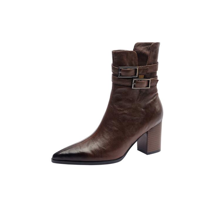 Fashion NEW Autumn Women Boots Pointed Toe Chunky Heel Boots Split Leather Shoes for Women Short Modern Boots Winter Belt Buckle Boots