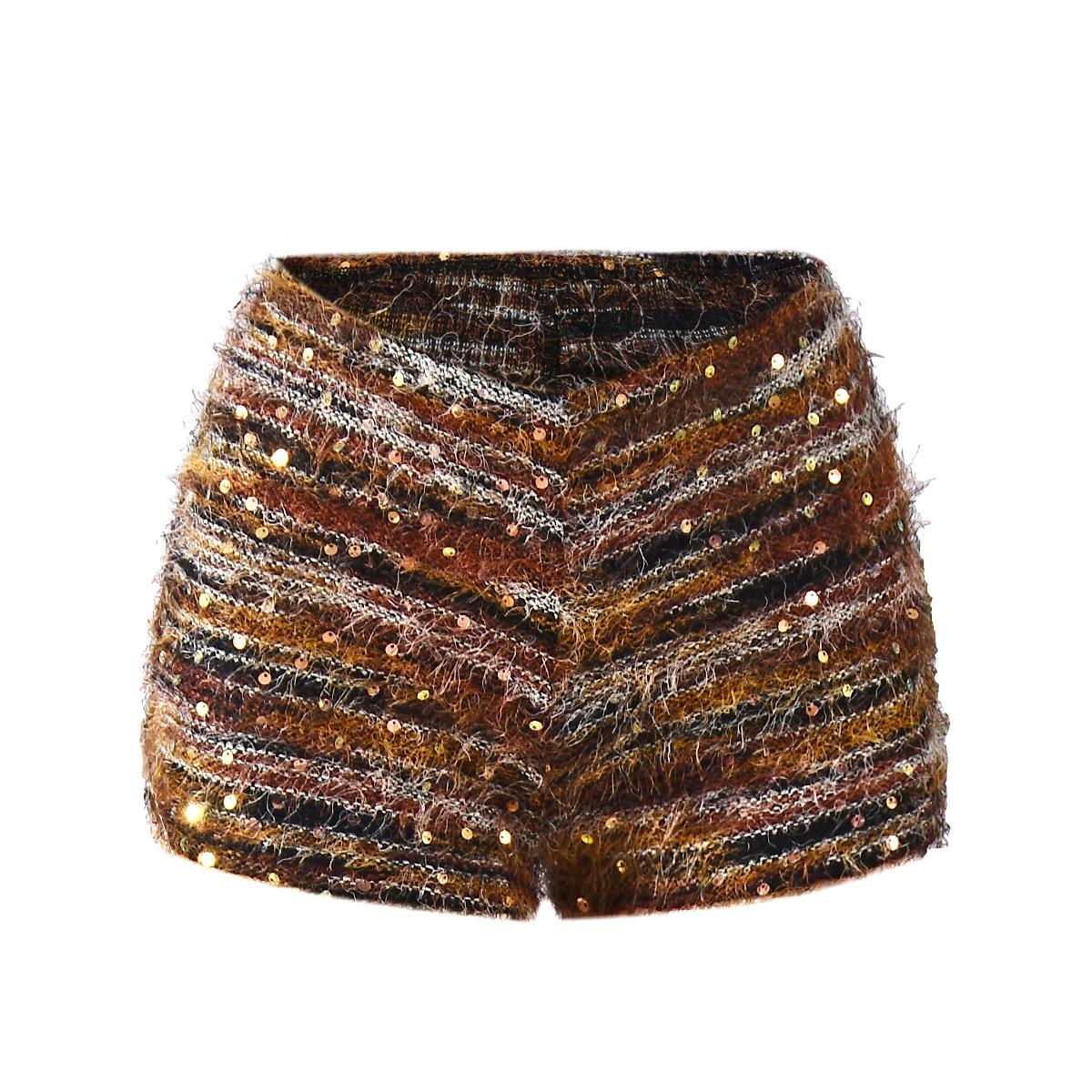 

Fashionable striped color-block summer women s elastic waist hot pants with sequins, short shorts for early spring women s wear S коричневый
