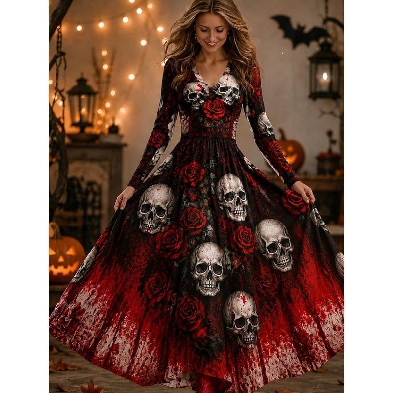 Dlouhé šaty Šaty áčkového střihu Vintage Bohémské Párty Běžné Lebka Dlouhý rukáv Výstřih do V Halloween