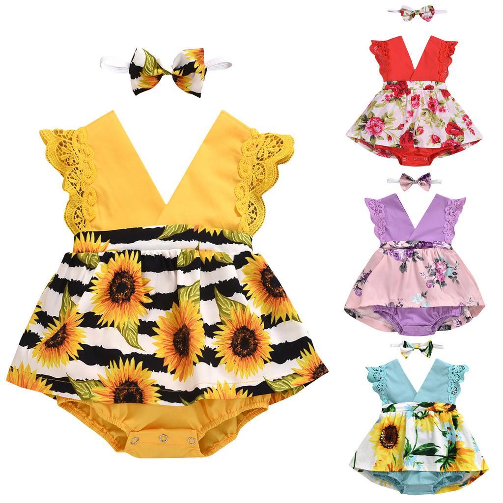 Baby Girls Floral Romper Dress Newborn Outfits With Headband 0-24 Months