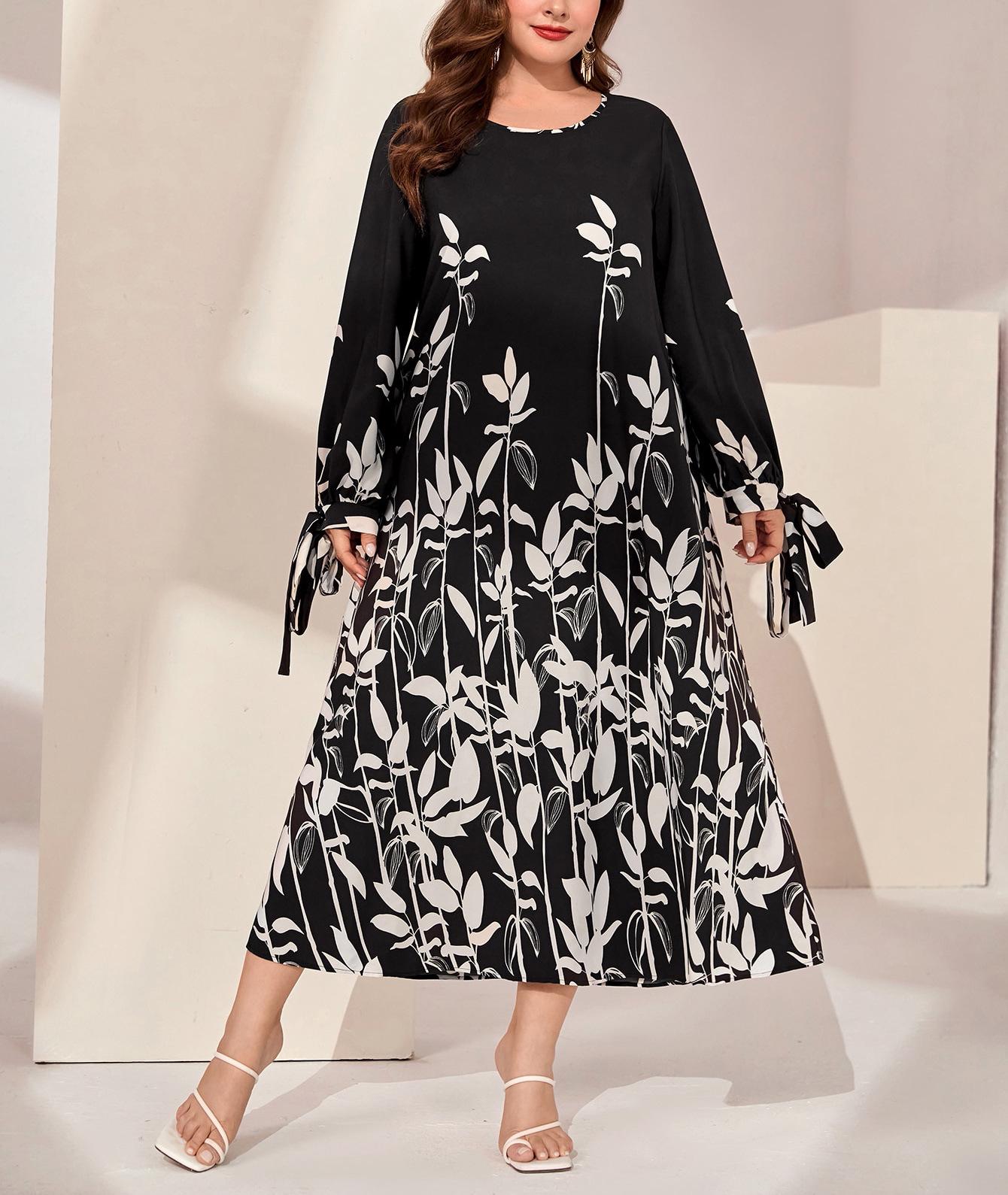In Stock: Elegant Plus Size Floral Long Sleeve Bowknot Dress for Spring and Autumn 3XL чёрный