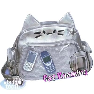 Zaini Argentati Y2k per Donna Borsa a Tracolla Trasparente Carina con Gatto Borsa di Design alla Moda Zaino Scolastico a Tracolla di Grande Capacità