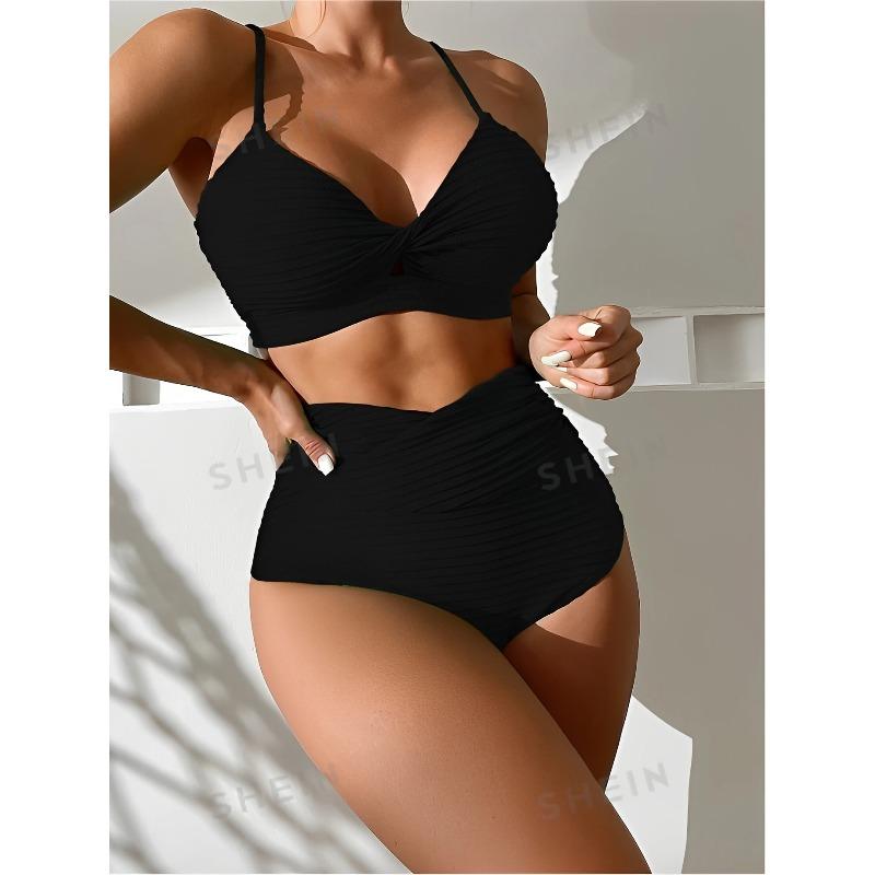 

High Waist Bikini Women Strappy Swimwear Female Sexy Swimsuit Solid Bathers Bathing Swimming Swim Suit Beachwear Summer L чёрный
