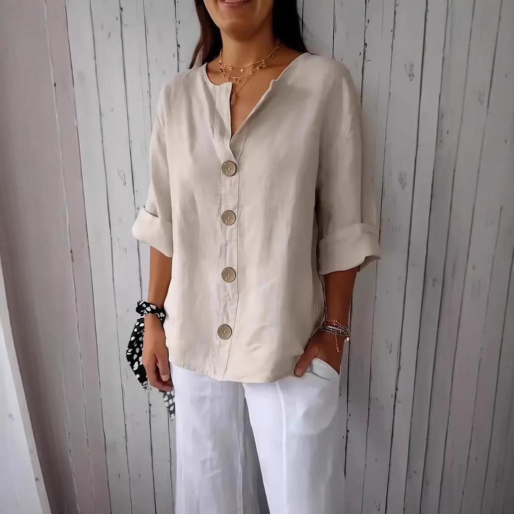 Women's 2025 European-American V-Neck Cotton Linen Button T-Shirt