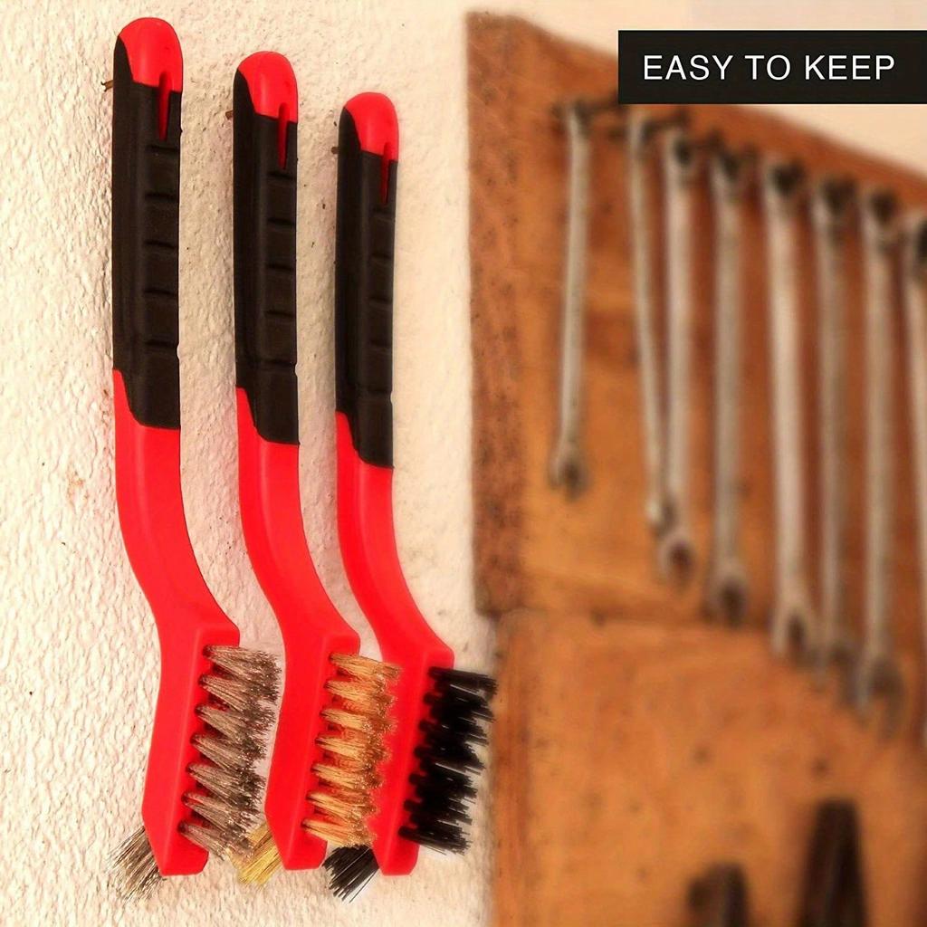 3pcs/set Wire Brush with Curved Handle - Deep Cleaning for Rust, Dirt & Paint Removal, Red, Deep Cleaning Brush|Curved Handle Brush|Metallic Bristles
