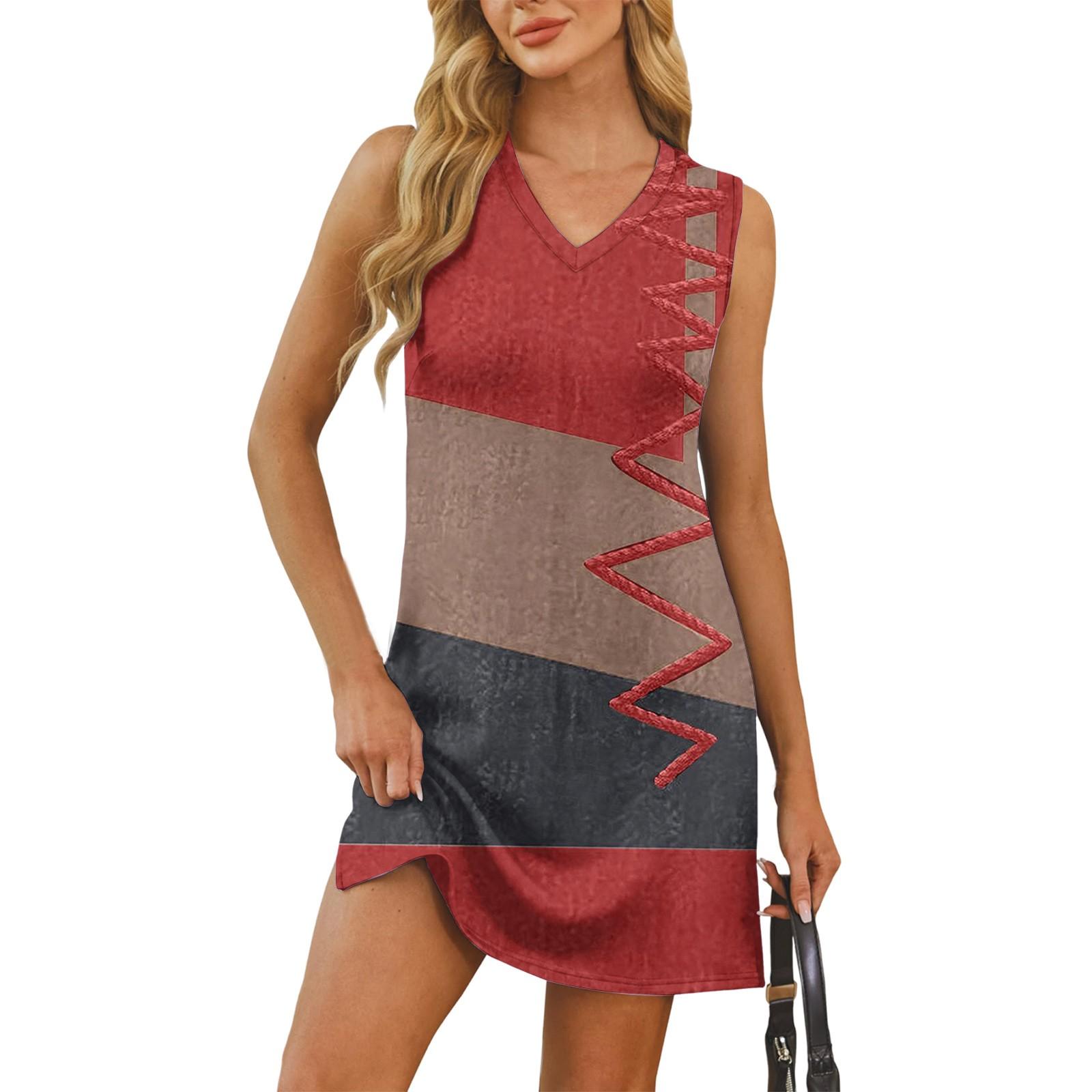 

Жіночий літній повсякденний пляжний сарафан без рукавів з V-подібним вирізом, кольоровим блоком, печворком та принтом M