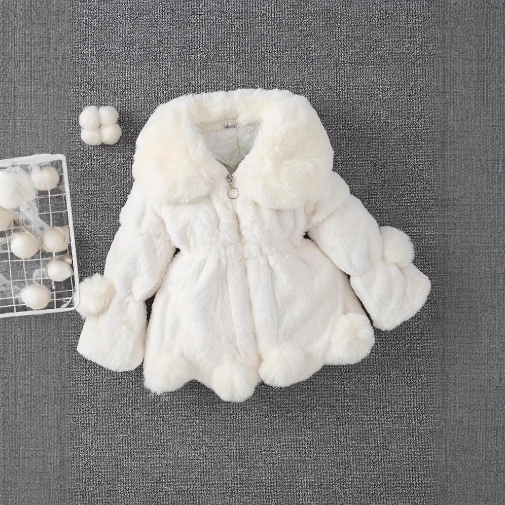 Girls' Autumn/Winter Faux Fur Pom-Pom Sweater Jacket