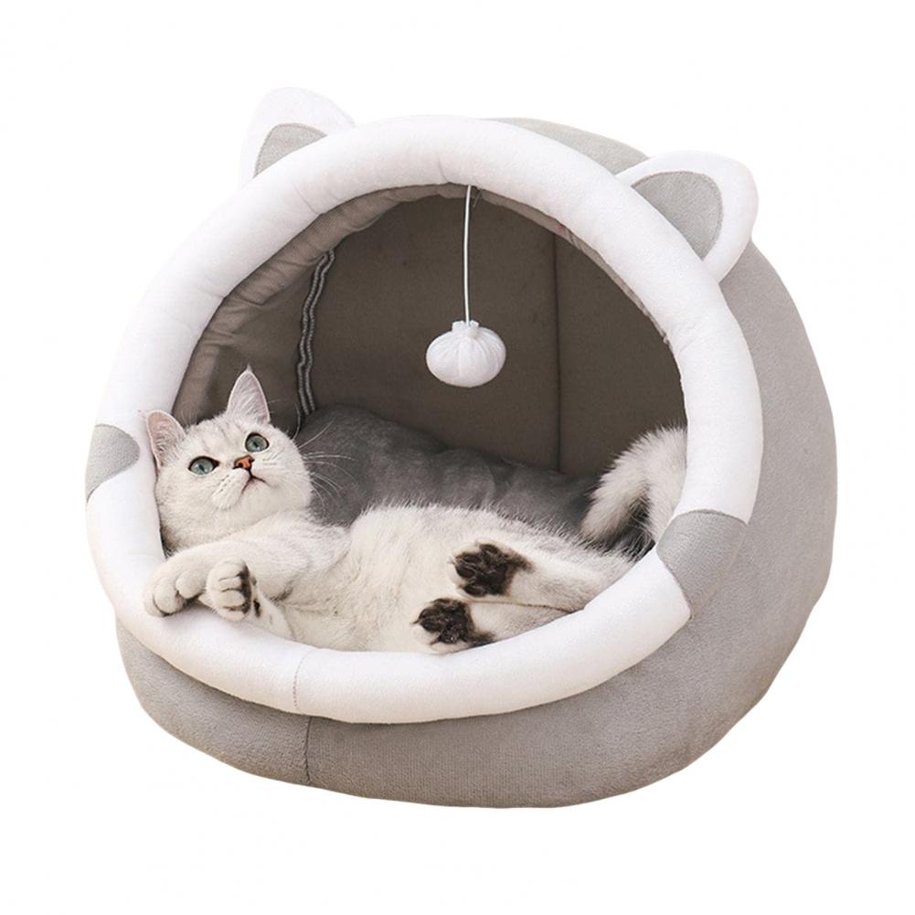 

Cute Cat Cave Bed Funny Cat Nest with Hanging Ball Cozy Cat Calming Bed with Ears Washable Removable Cushion for Small Pets S темно-серого