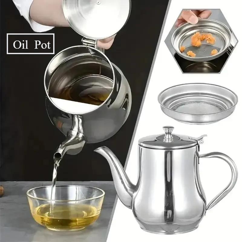Household Stainless Steel Oil Pot with Filter Oil Filter Pot Stainless Steel Cooking Oil Storage Pot Kitchen Condiment Bottle