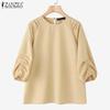 ZANZEA Women Casual Round Neck Solid Color 3/4 Sleeve Loose Blouse