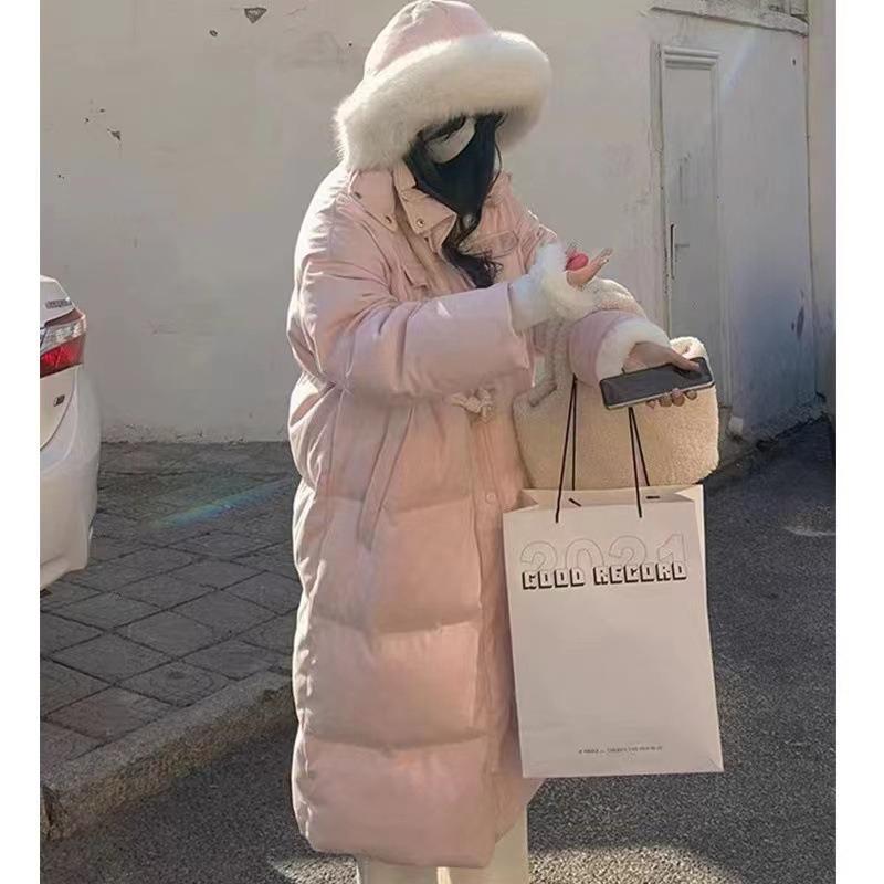 New Horn Buckle Winter Down Cotton Clothes Women's Medium and Long Thickened Large Fur Collar Hooded Thickened Jacket Black