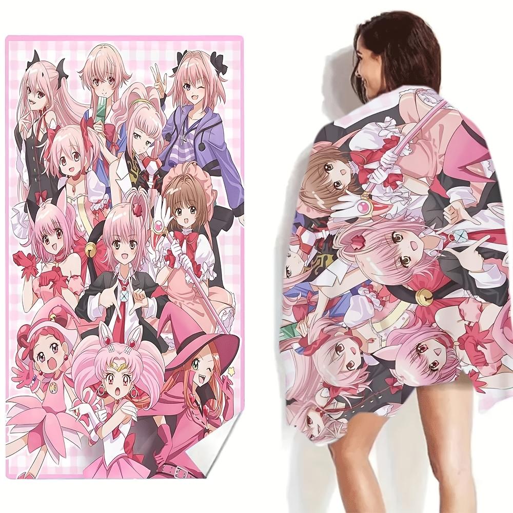 1pc Pink Hair Magical Girl Anime Collage Beach Towel Microfiber Soft Quick Dry Cute Bath Towel for Bathroom Swimming Outdoor