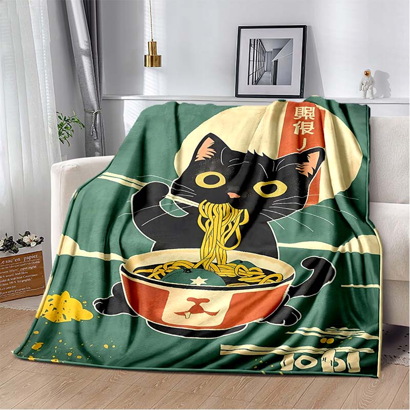 Retro Manga Style Black Cat Eating Ramen Print Flannel Blanket, Vintage Anime Throw Blanket 80cm x 120cm