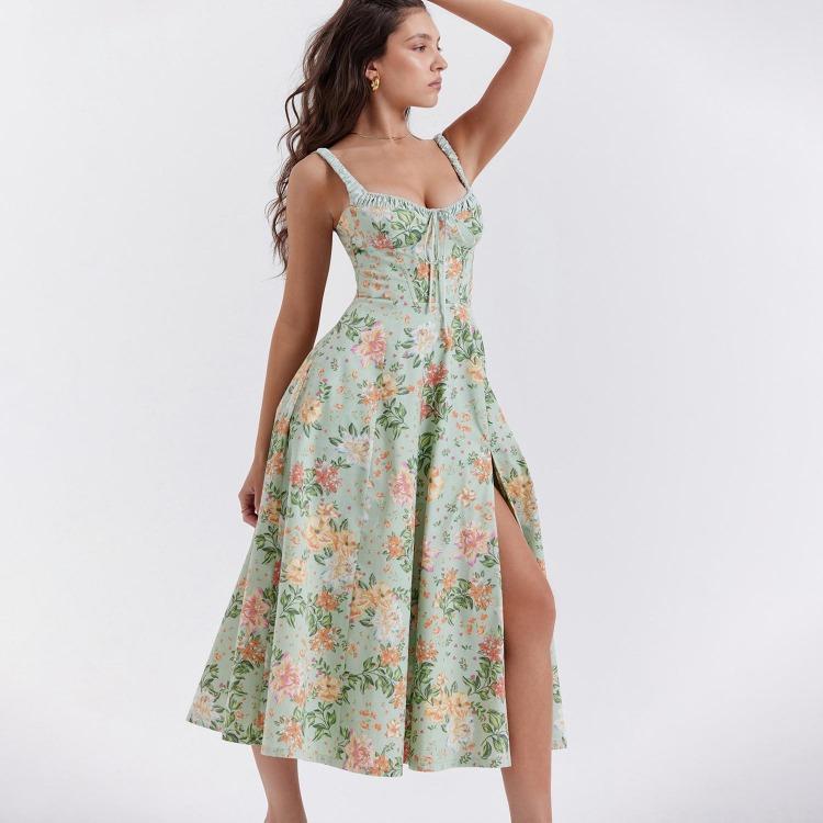 Women Fashion High Waist V Neck Backless Spaghetti Strap Print Ankle Length Trendy Design Dress