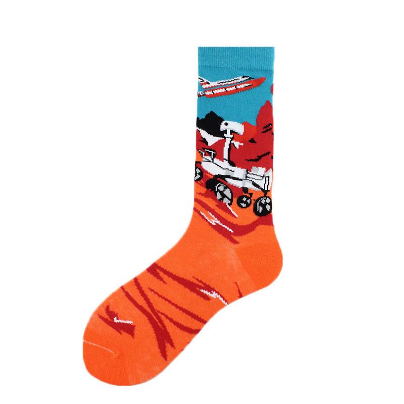 Happy Funny Unisex Painting UFO Astronaut Outer Space Rocket Men Crew Socks Male Boys Streetwear Cotton Causal Skateboard Sox