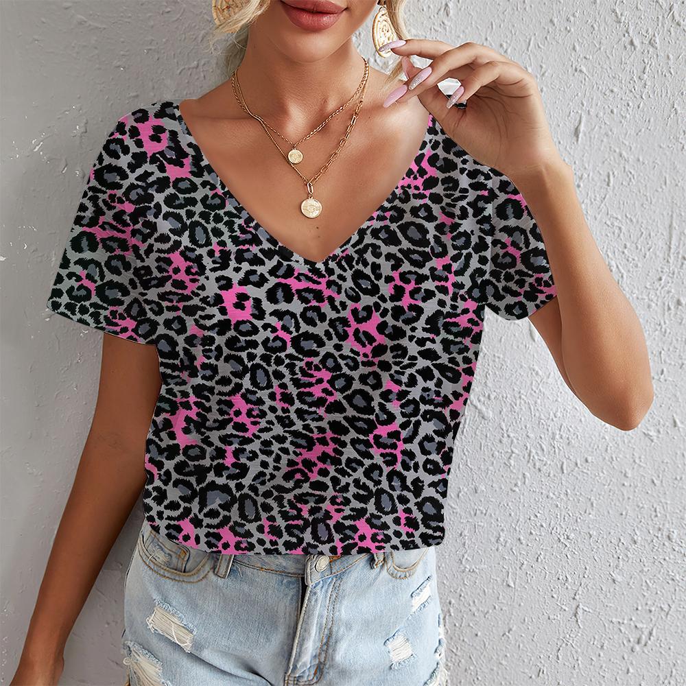 Summer Ladies Leopard Print Oversized T-Shirt Retro Fashion Casual Y2k V-Neck Women's Short-Sleeved T-Shirt