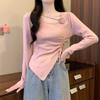 women floral applique ruched knit top square neck long sleeve form fitting casual solid color asymmetrical hem blouse