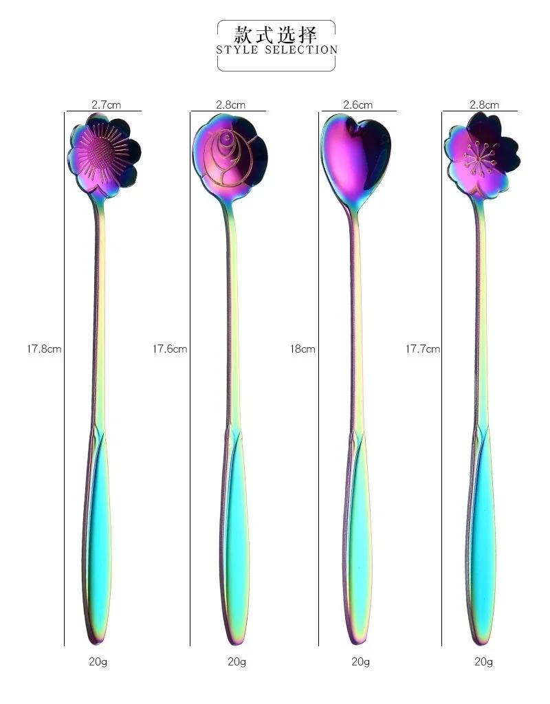 1 Pack Rainbow Flower Ice Spoon Sugar Spoon Tea Coffee Spoon Stirring Kitchen Gadgets Stainless Steel Tabletop Tableware