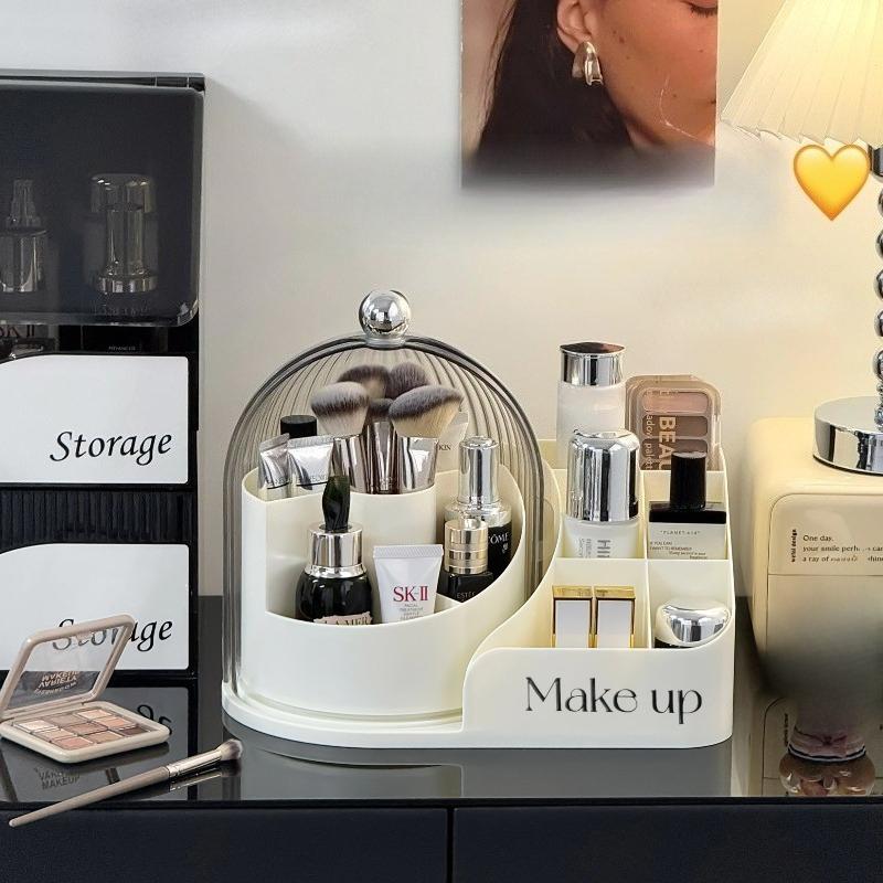 Cosmetic Storage Box Organizer Desktop Transparent Dustproof Rotating Table Makeup Brush Storage Holder Partition Lipstick Rack