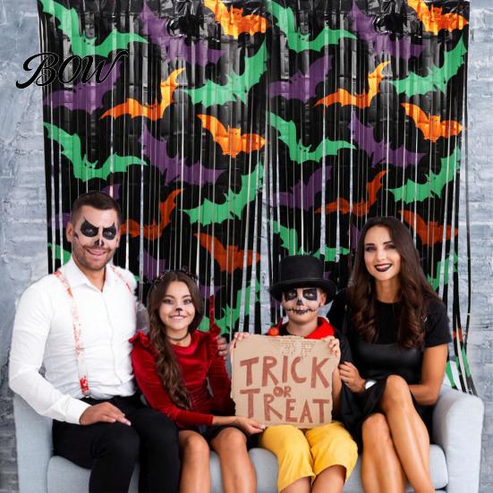 Holiday Party Backdrop Foil Fringe Curtain for Halloween, Orange Purple Black Background Spooky Decor Photo Booth Props, Pumpkin Ghost Bat Halloween