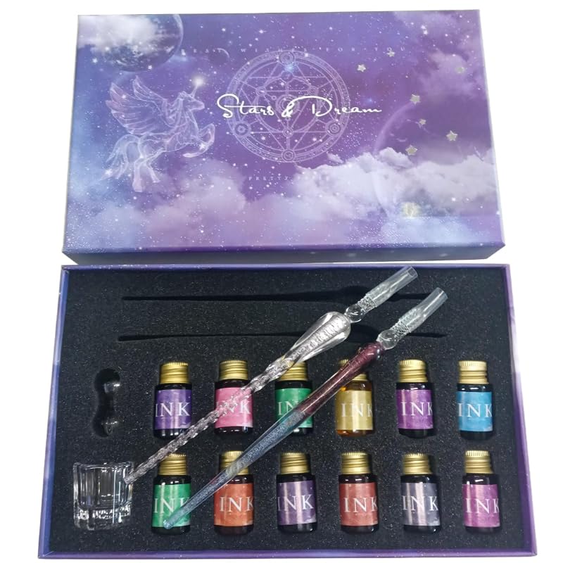 Ducale Glass Pen Set with 12 Ink 2 and Box Starry Sky Rainbow Gradient Glass Dip Pen Ink Set Colors, Pens, - (Sakura Pink) GRS-SPK-SET