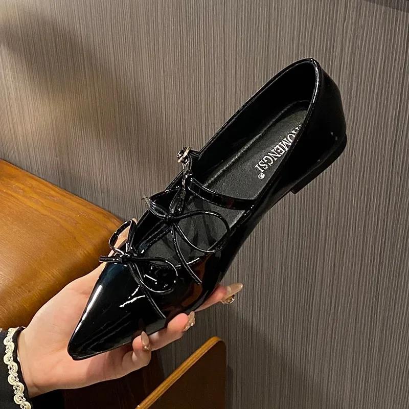 

Luxury Pointed Toe Metal Buckle Bow T Strap Mary Jane Flats Elegant Banquet Dress Sexy Design Comfortable Women s Single Shoes 35 чорний
