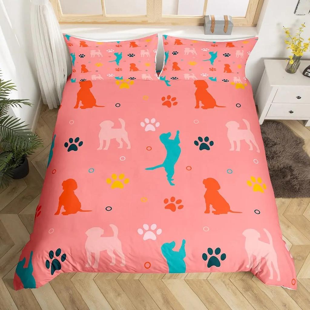 Dog Paw Print Duvet Cover Watercolor Gradient Puppy Footprints Comforter Cover with 2 Pillowcases,Funny Pets Animal Quilt Cover