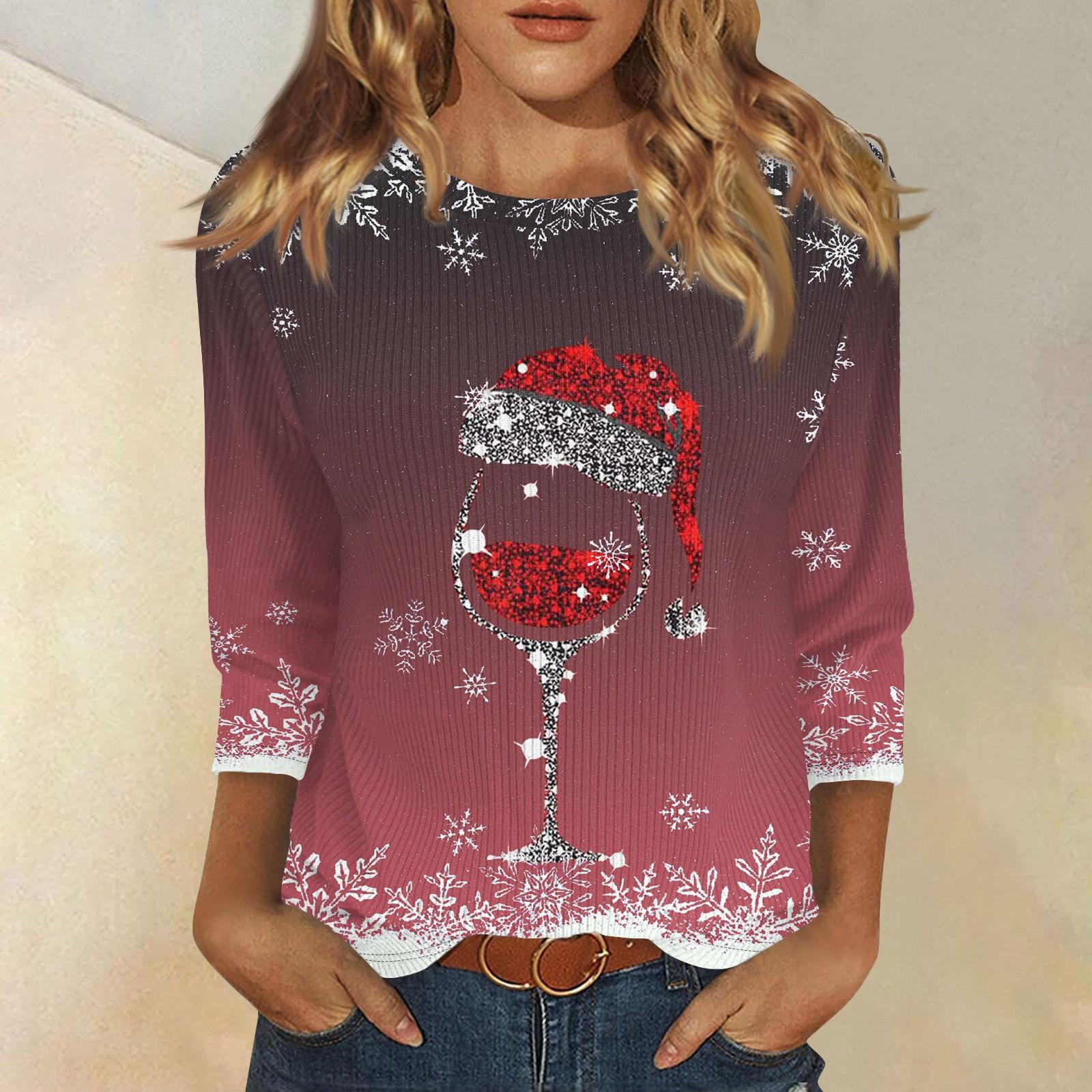 

Женская мода и зима повседневная круглая горловина матовая рубчатая рождественская печать футболка рукав три четверти женская одежда XL арбуз красный