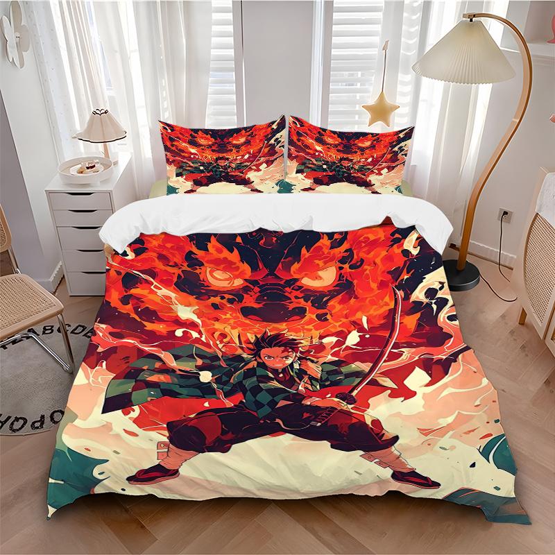 3pcs Demon Slayer Tanjiro's Quilt Cover Set - Soft & Comfortable Polyester Fabric, All-Season Breathable Comforter Set For 1 Quilt Cover & 2 Pill