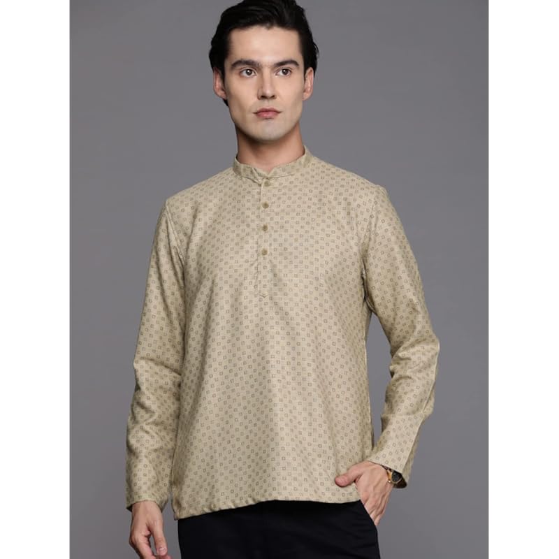 Manyavar Men's Short Kurta, Full Sleeves Mandarin Collar Ethnic Waist Length Kurta Only, Kurta for Festival, Wedding, Pa